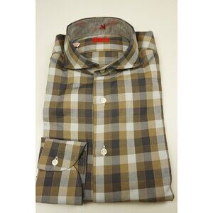 Isaia Carmel Blue Big Plaid Long Sleeve Cotton Dress Shirt 15.5/39 NEW